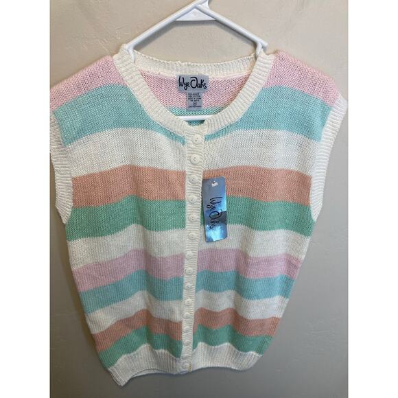 Wye Oaks 90's Vintage Pastel Striped Sleeveless Button Up Sweater Size Medium - Picture 4 of 8
